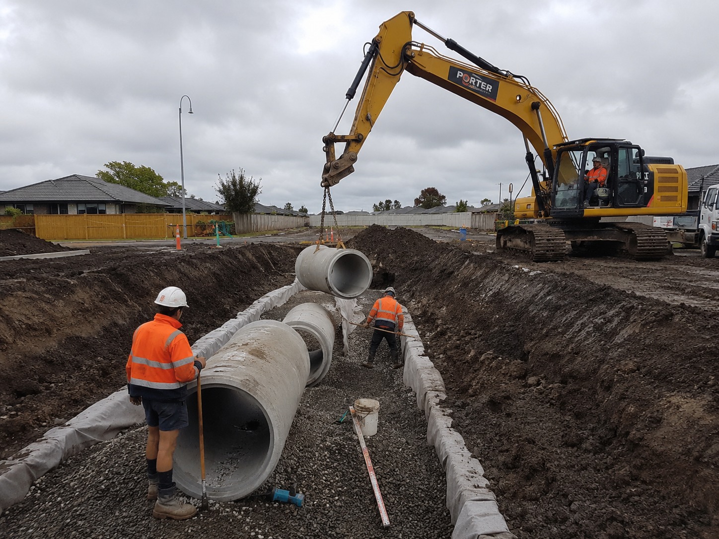 Civil drainage excavation crew laying pipe on a Hamilton development