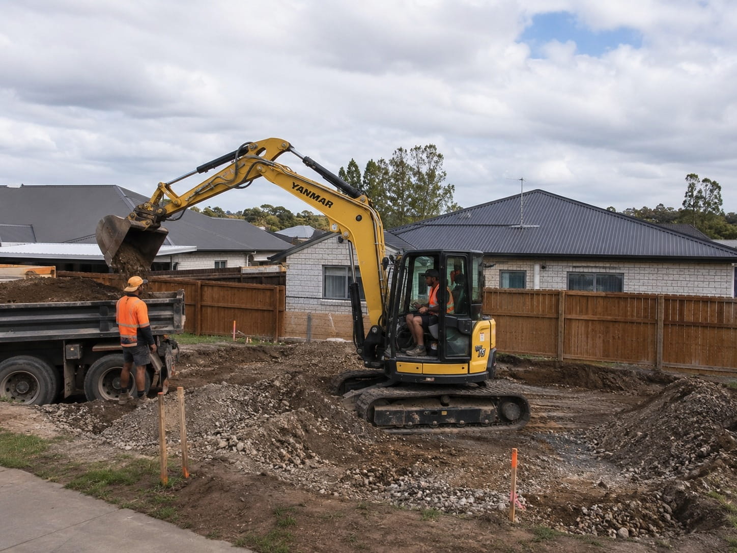 Compact digger excavating a drainage trench