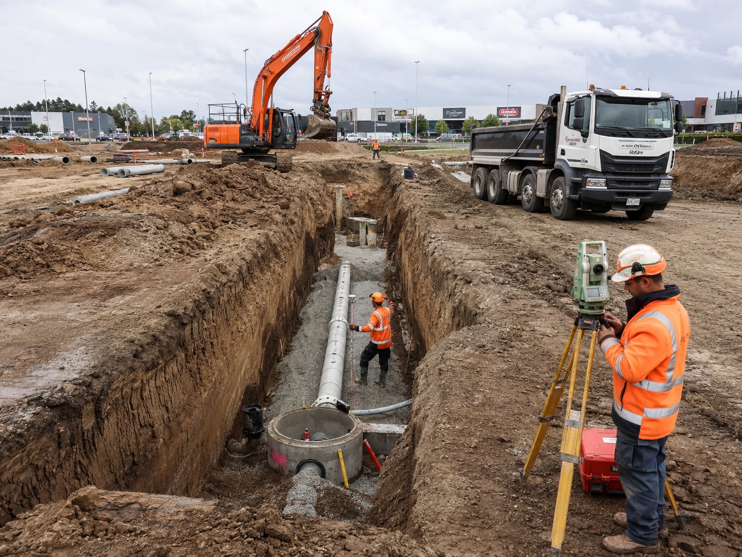 Hamilton drainage contractors surveying pipe levels on site
